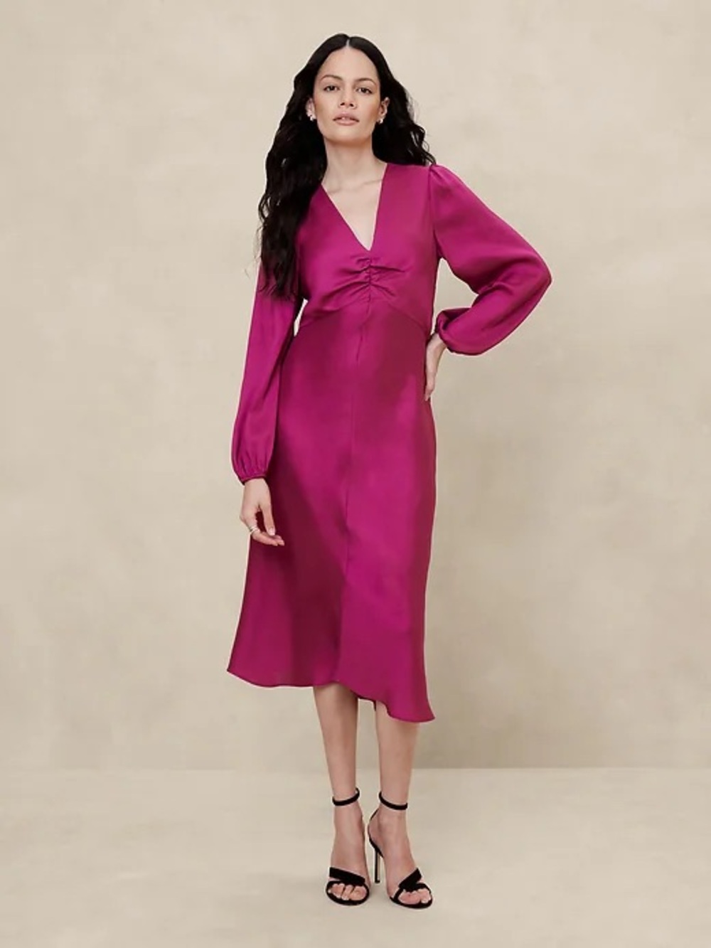 Banana Republic Satin Fuchsia V-Neck Midi Dress